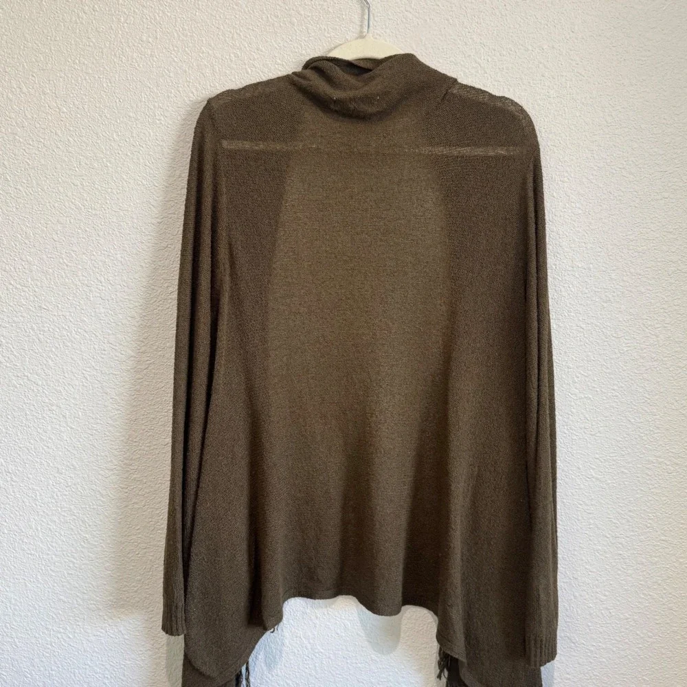 Coldwater Creek M Olive Brown Fringe Waterfall Open Front Cardigan Knit‎ Boho